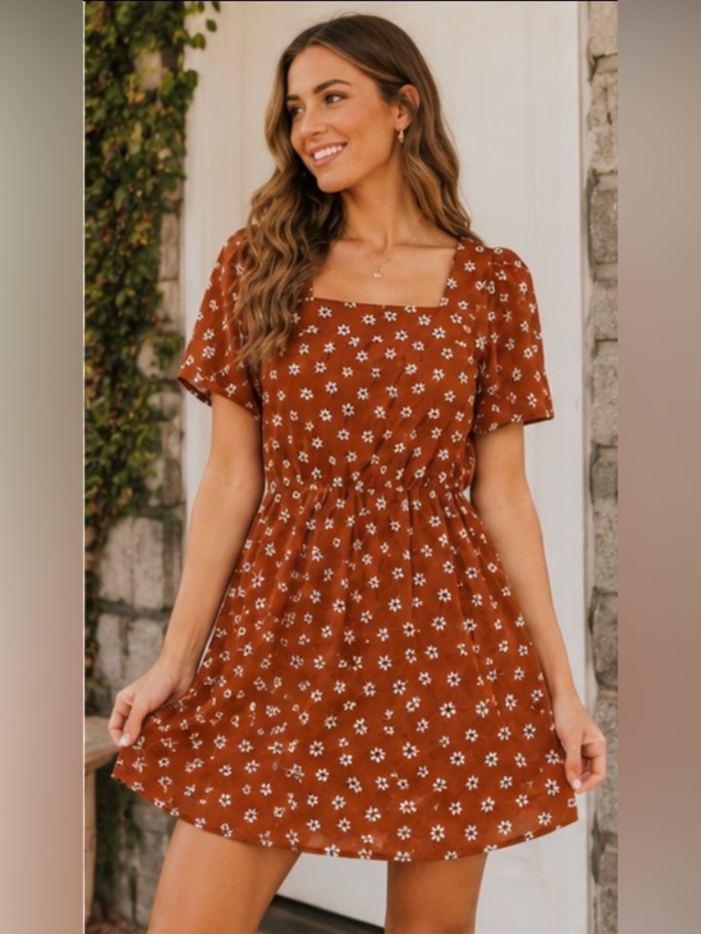 Roolee Rust Floral Square Neck Mini Dress XS Cottagecore